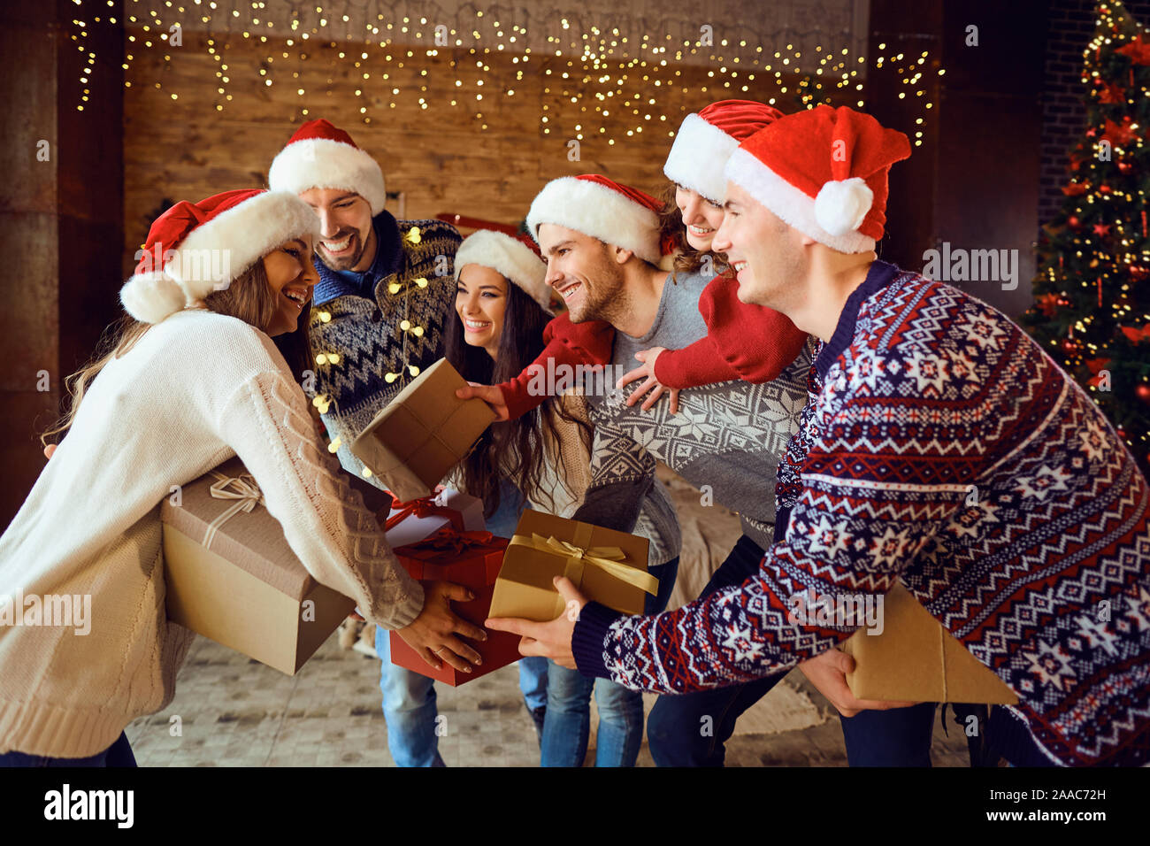 Welcome guests of friends in the house for Christmas. Stock Photo