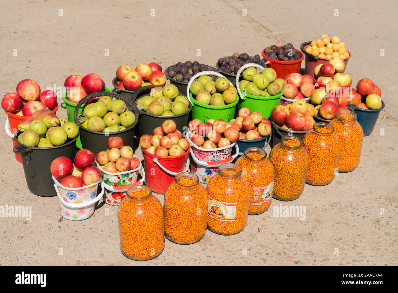 fruit and juice for sale, Kyrgyzstan Stock Photo