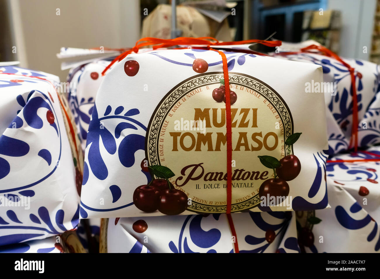 Boxed Panettone, Italian traditional Christmas fruit sweet bread loaf from Italy; on diplay in a store. Stock Photo