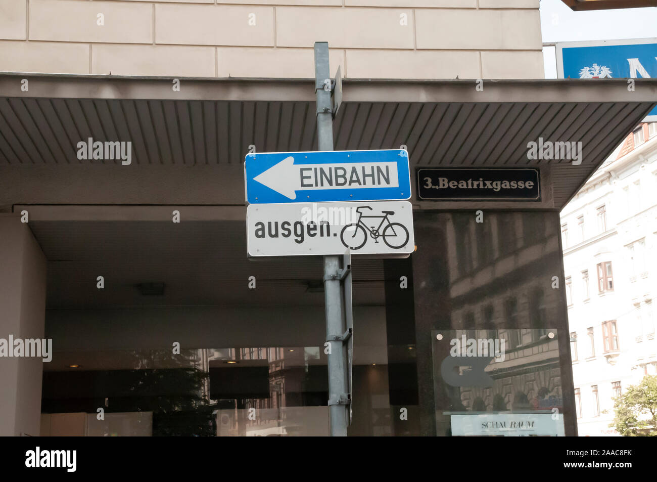 A sign allowing cyclist to ride in the wrong direction in a one way street. Vienna, Austria Stock Photo