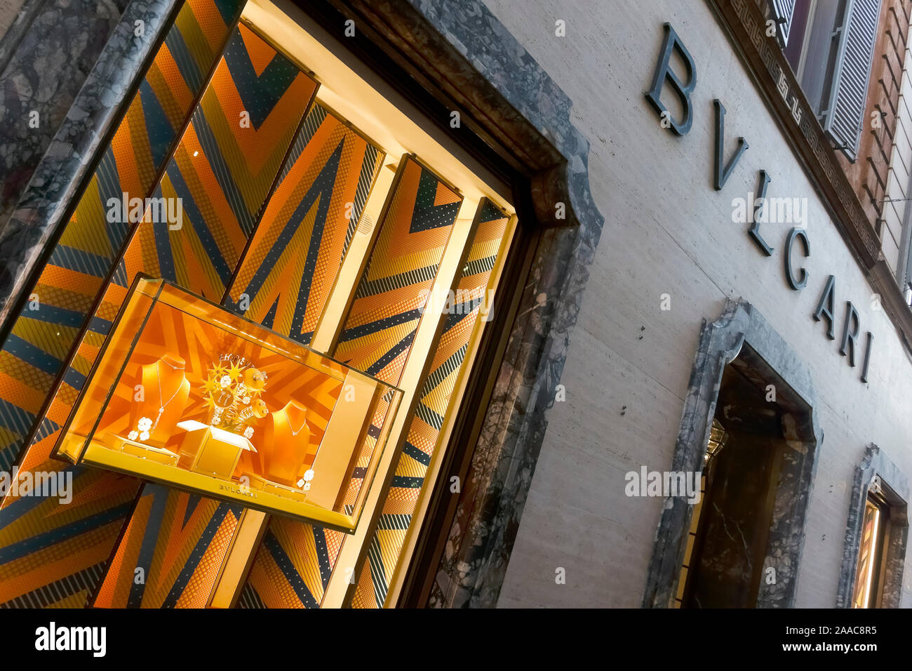 Bulgari store window in Rome, shop front. Fashion boutique. Luxurious italian shopping. Italy, Europe, EU. luxury Stock Photo