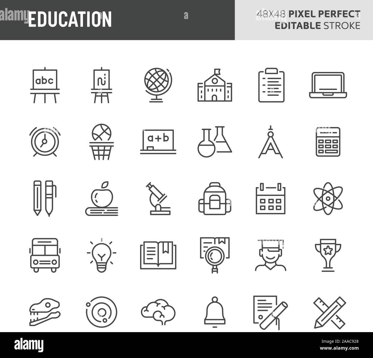 30 thin line icons associated with school & education. Symbols such as stationery,  activity & laboratory equipment are included in this set. 48x48 pi Stock Vector