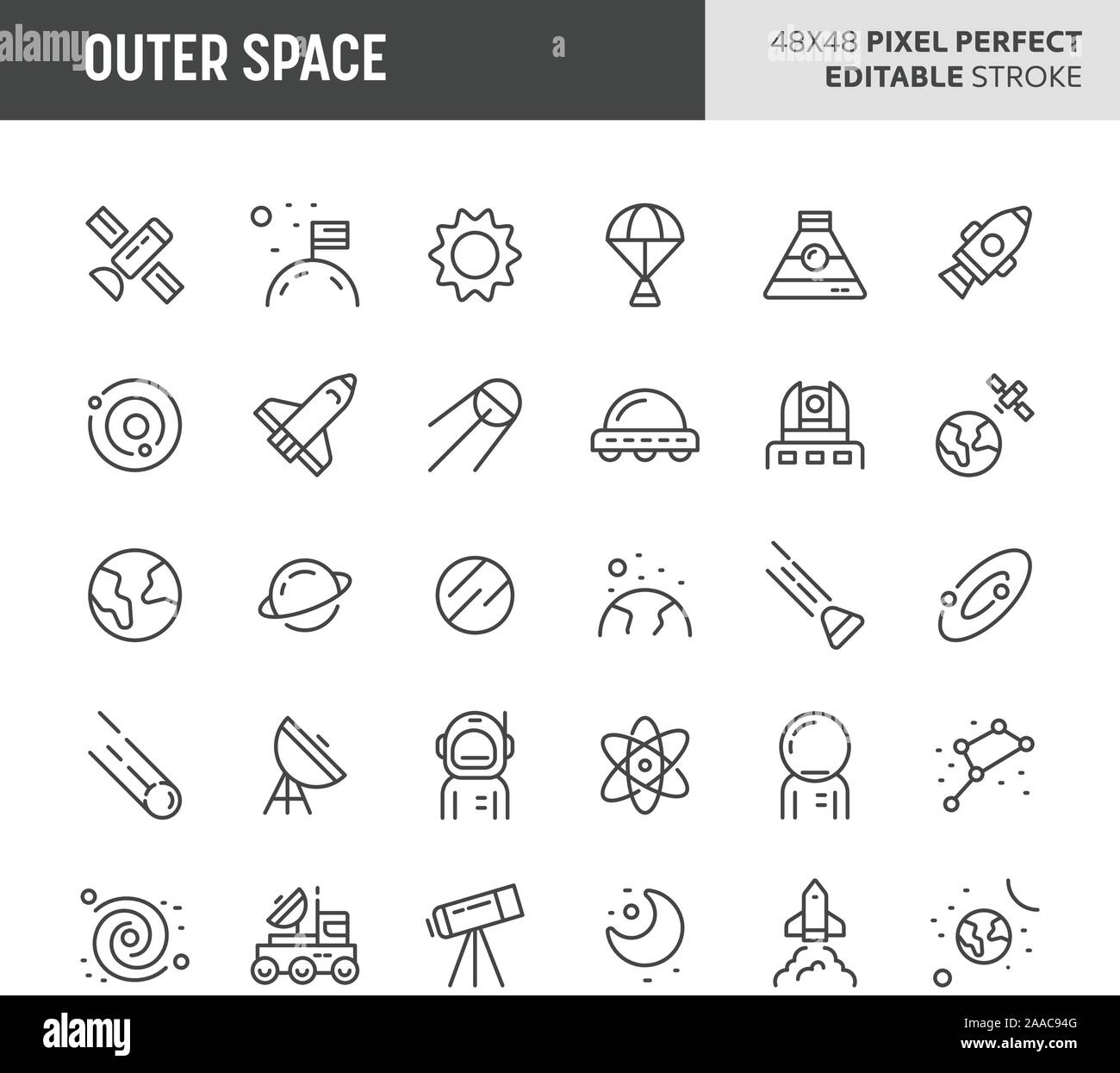 30 thin line icons associated with outer space. Symbols such as planets, galaxy, solar system & space transportation are included in this set. 48x48 p Stock Vector