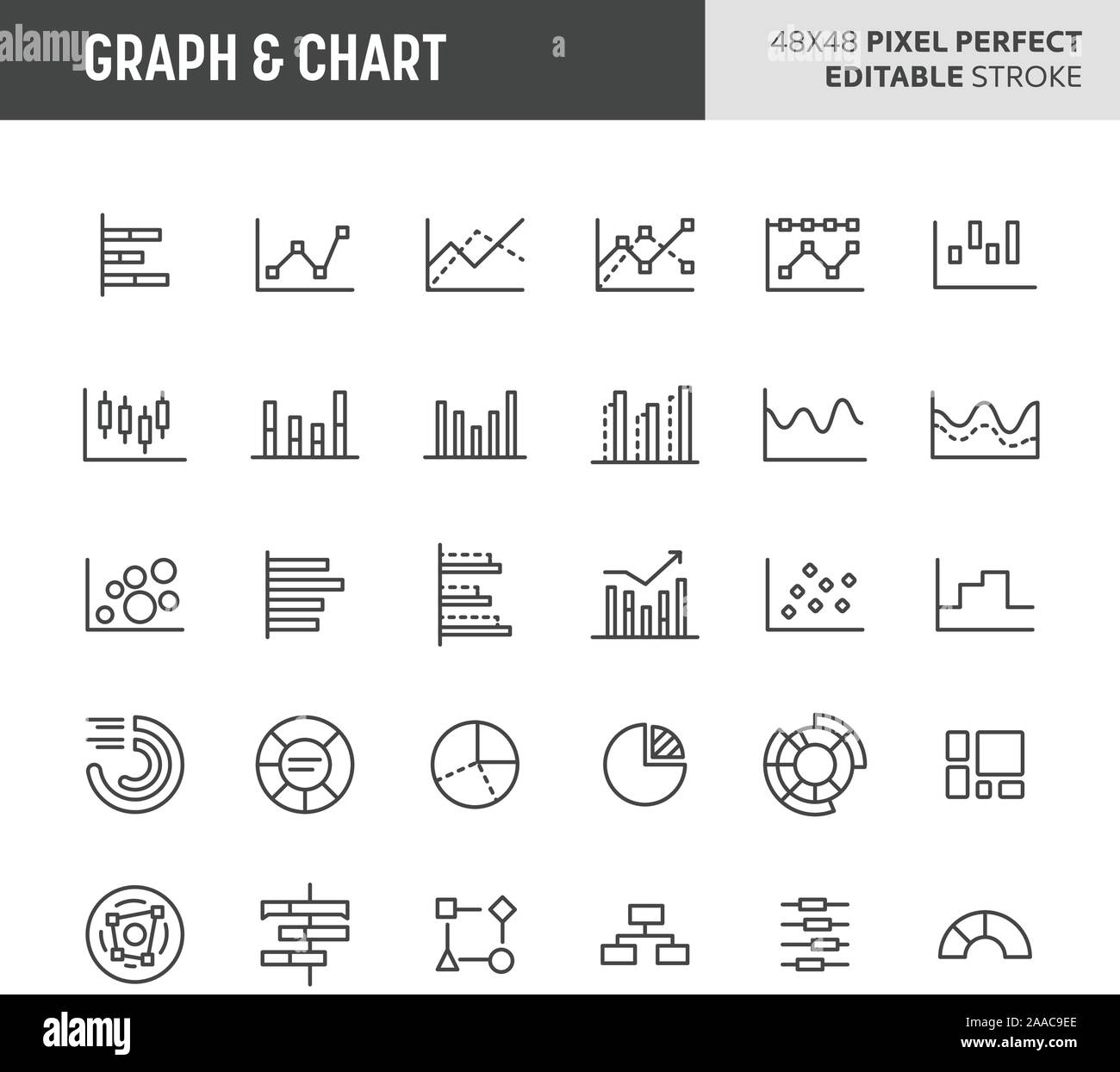 30 thin line icons associated with graph and chart used in math and statistics with symbols such as bar graphs, line graphs, pie graphs, scatter graph Stock Vector