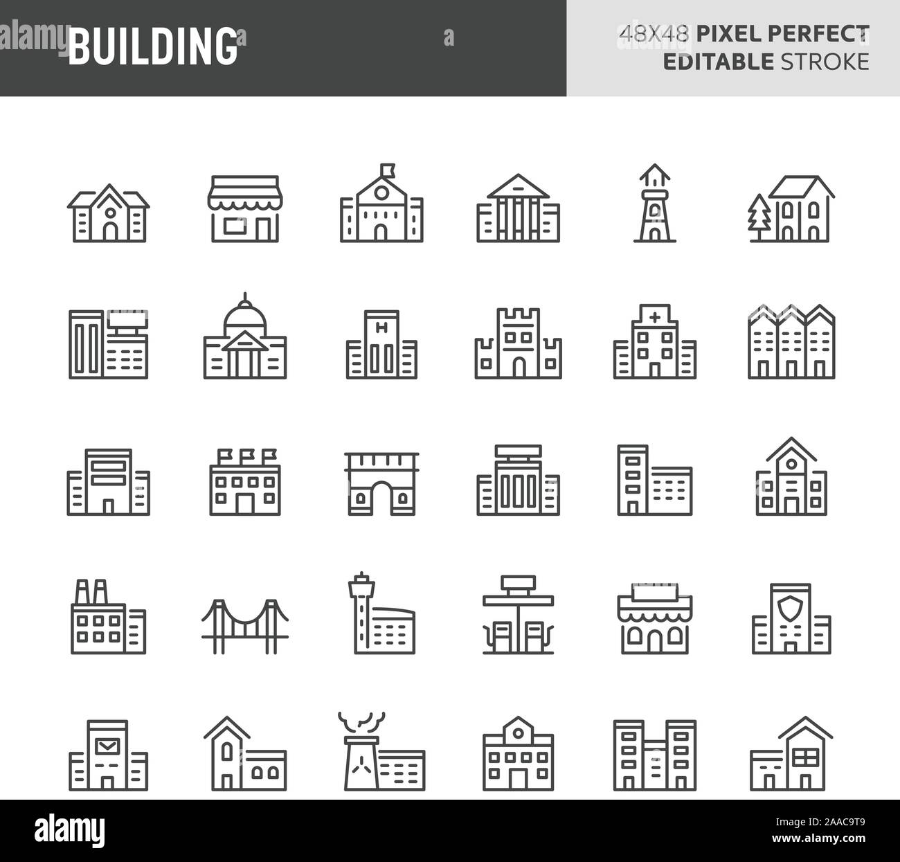 30 thin line icons associated with building & architecture. Symbols such as residential, commercial and public building are included in this set. 48x4 Stock Vector