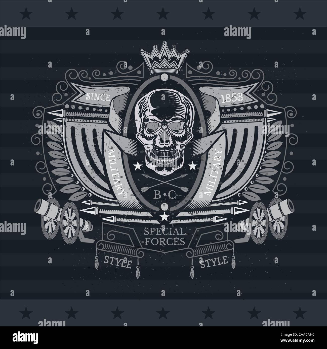 Skull front view in center oval frame between flags, cannon and ribbons. Vintage label isolated on blackboard Stock Vector