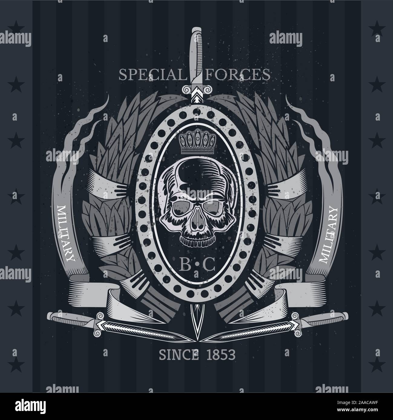 Vertical sword with skull front view in center oval frame between laurel wreath and ribbons. Vintage label isolated on blackboard Stock Vector