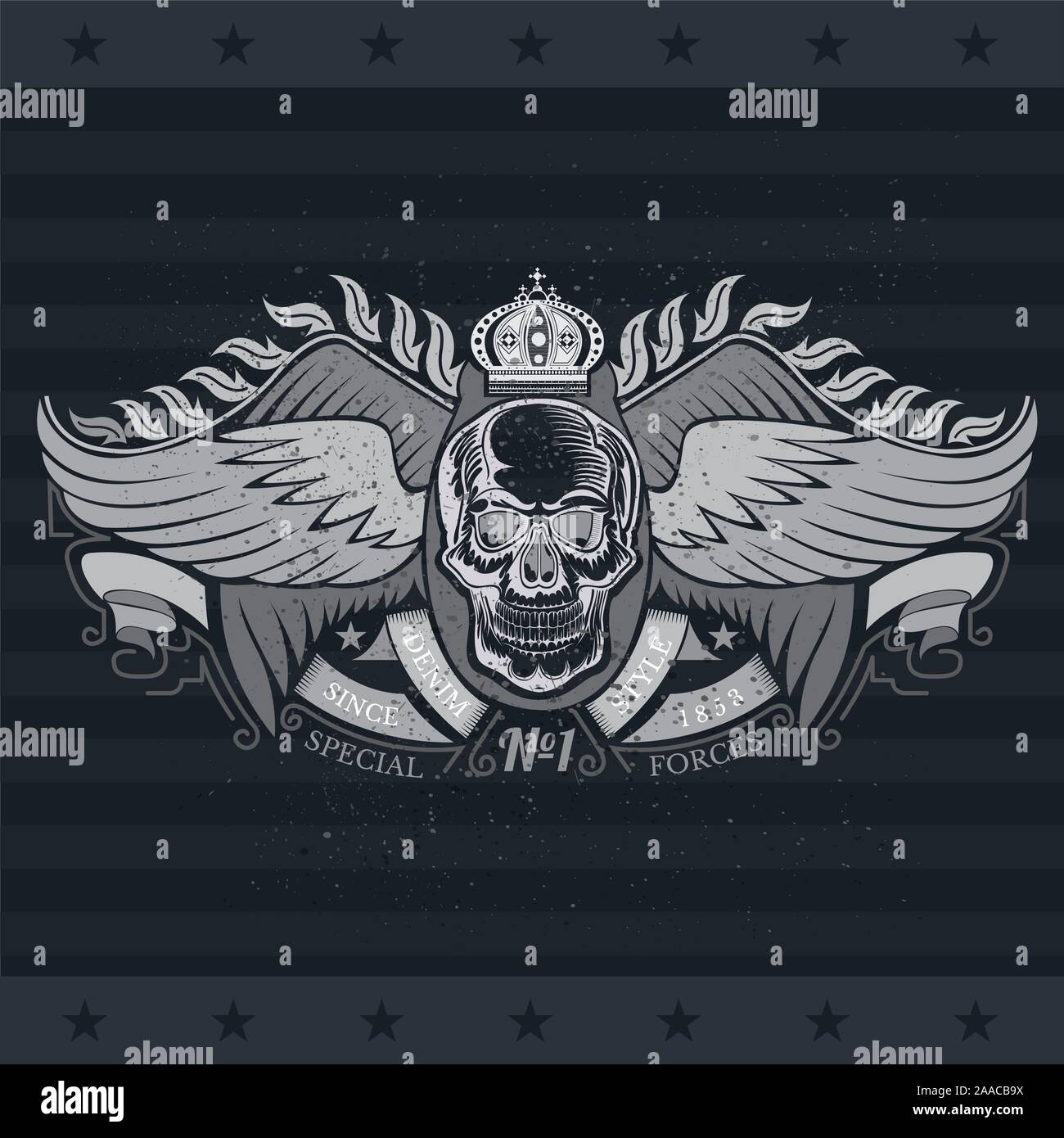 Skull front view with a lower jaw between two pair wings and ribbons. Vintage label on blackboard Stock Vector