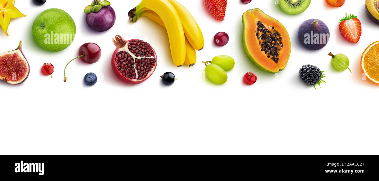 Frame made of different fruits and berries, flat lay, top view Stock Photo