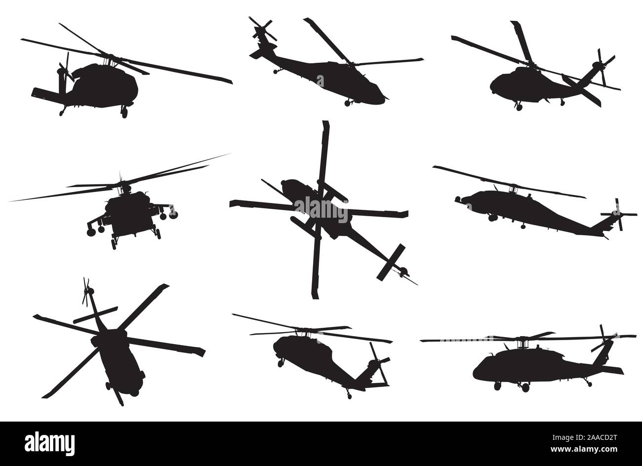 Helicopter detailed silhouettes collection. Vector EPS 10 Stock Vector