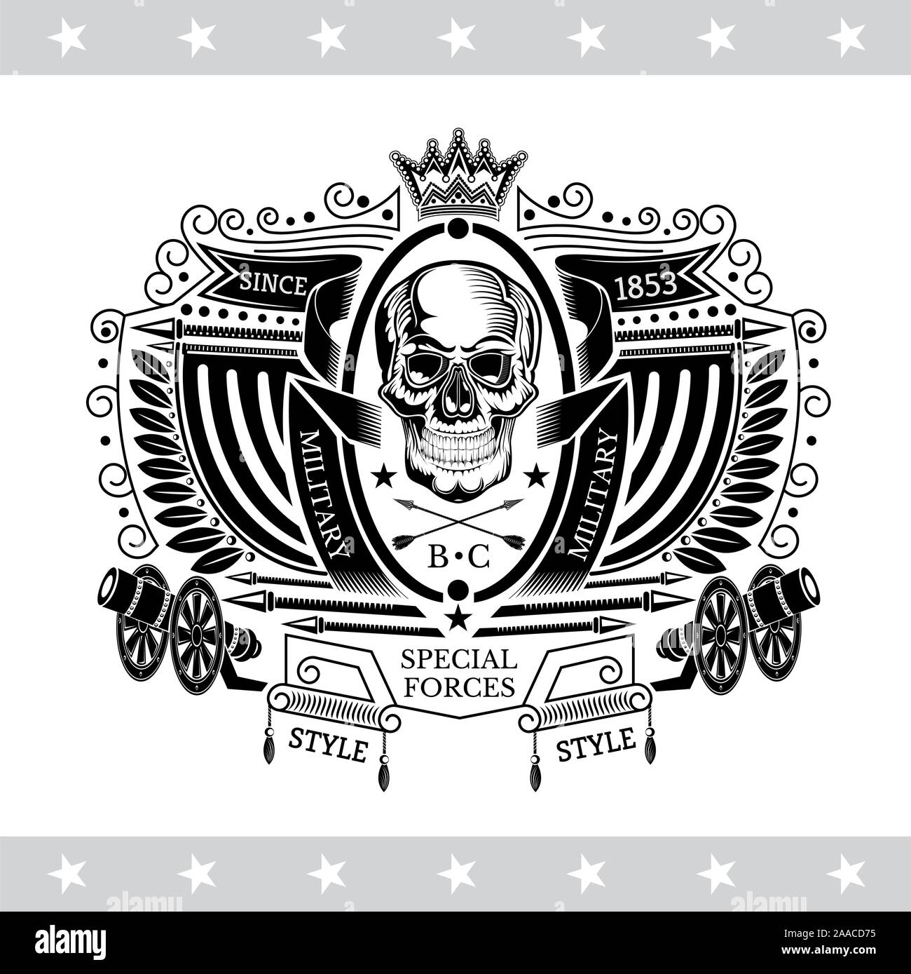 Skull front view in center oval frame between flags, cannon and ribbons. Vintage label isolated on white Stock Vector