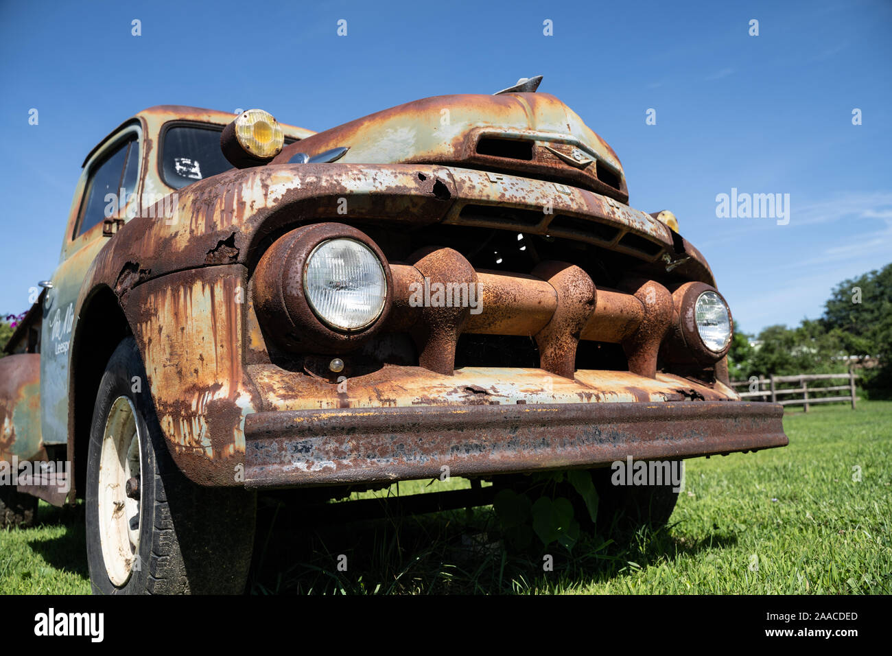 Old ford truck, blue sky background, August 10, 2019, Leesport, Pennsylvania, USA Stock Photo