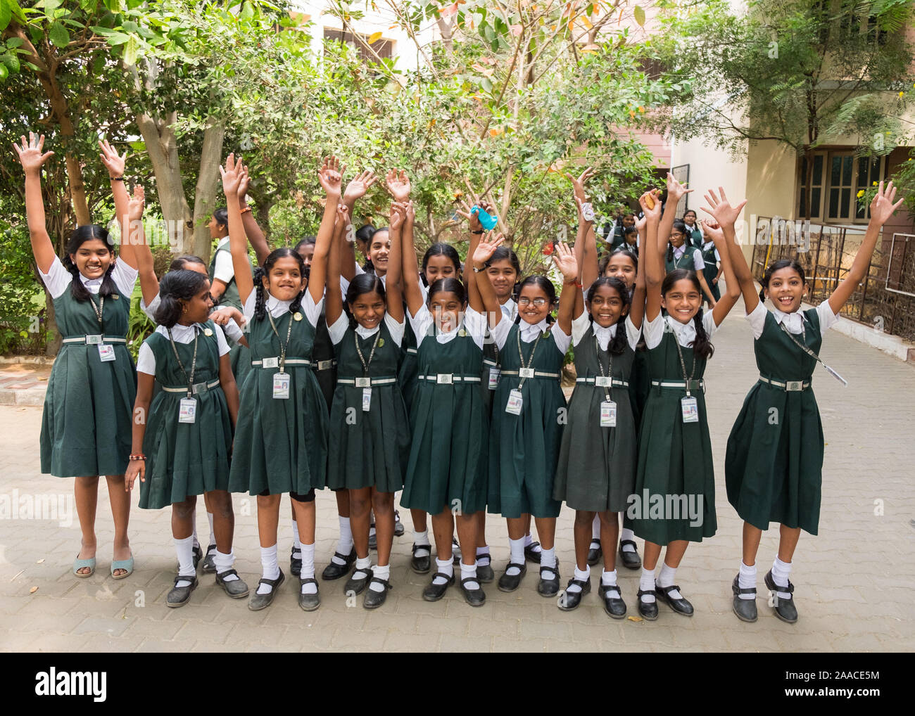 Group of young school girls are celebrating in Tiruchirappalli,Tamil Nadu,India. Stock Photo