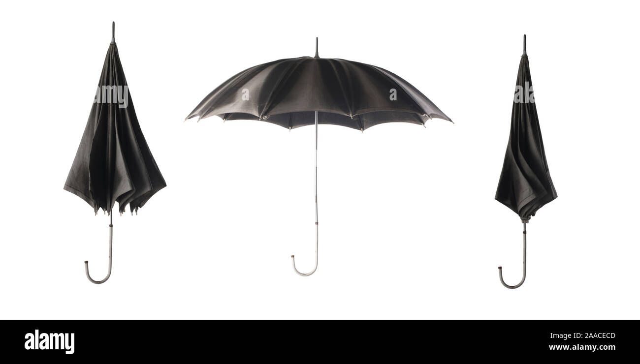 Three black umbrellas on a white background. Umbrella opening step. Stock Photo