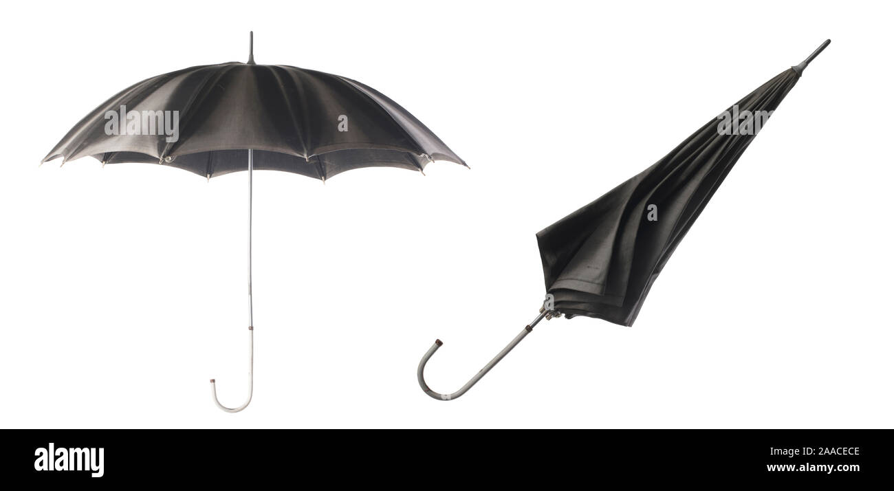 Two black umbrellas on a white background. Umbrella opening step Stock Photo Alamy