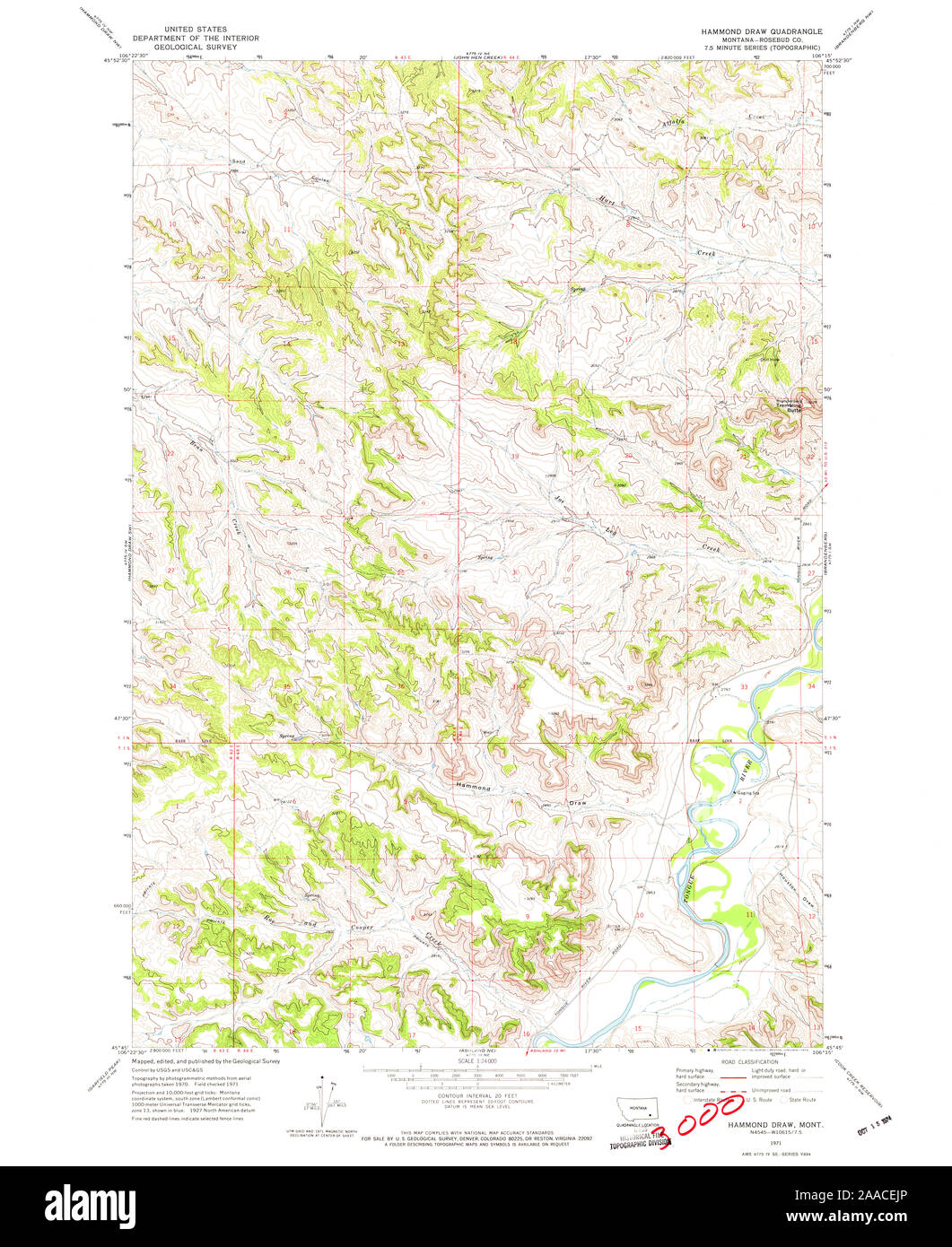 USGS TOPO Map Montana MT Hammond Draw 264234 1971 24000 Restoration Stock Photo