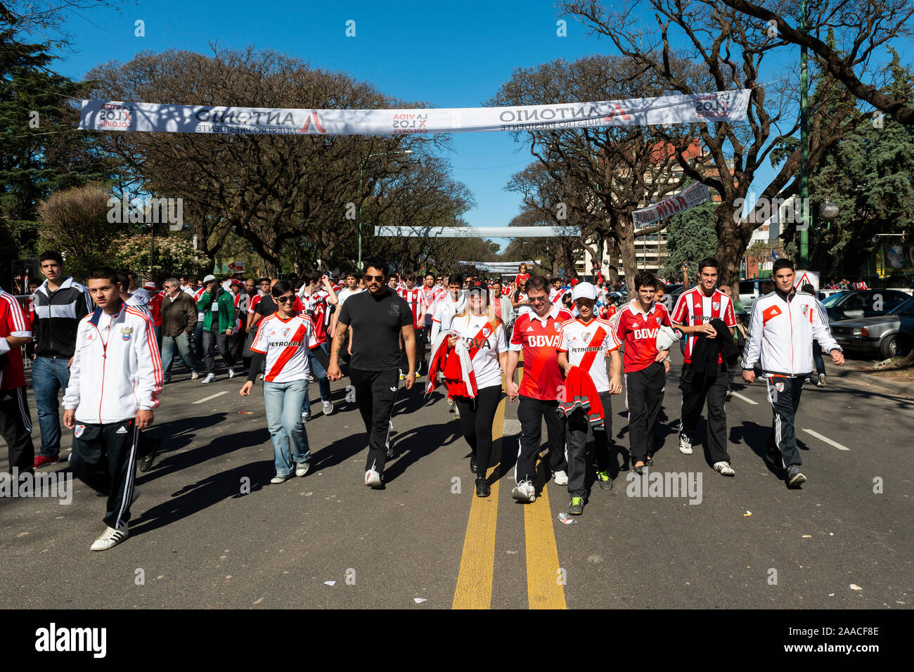Buenos Aires, Argentina - October 6, 2013: River Plate supporters arriving at the Estadio Monumental Antonio Vespucio Liberti for a soccer game in the Stock Photo