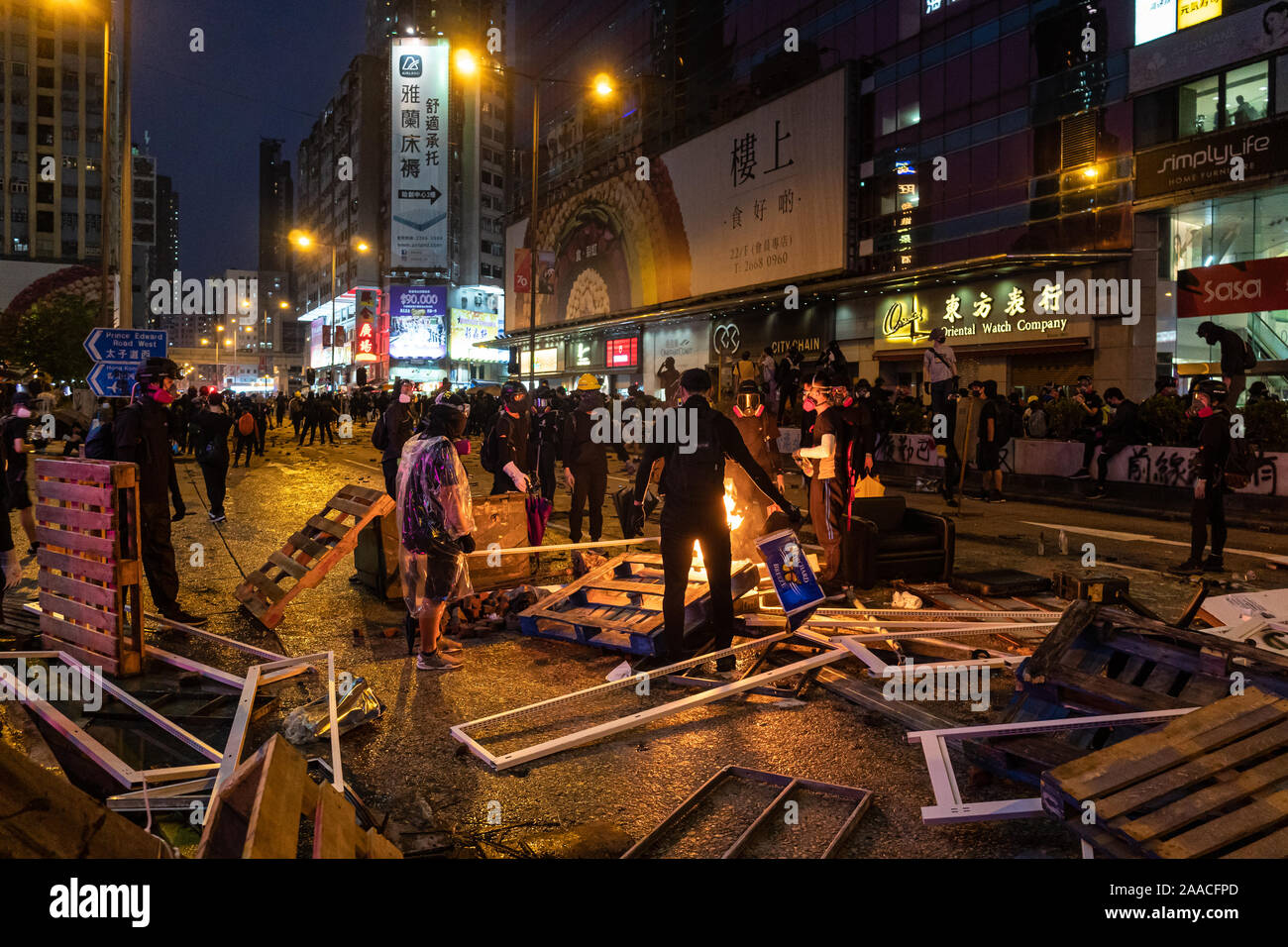 Hong Kong, Hong Kong - October 20 2019: Anti government protesters hold barricades in the street of Mongkok in Kowloon and fight for democracy Stock Photo