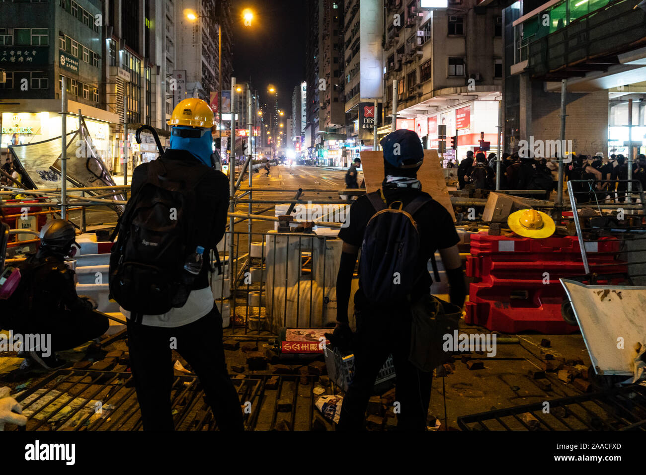 Hong Kong, Hong Kong - October 20 2019: Anti government protesters hold barricades in the street of Mongkok in Kowloon and fight for democracy Stock Photo