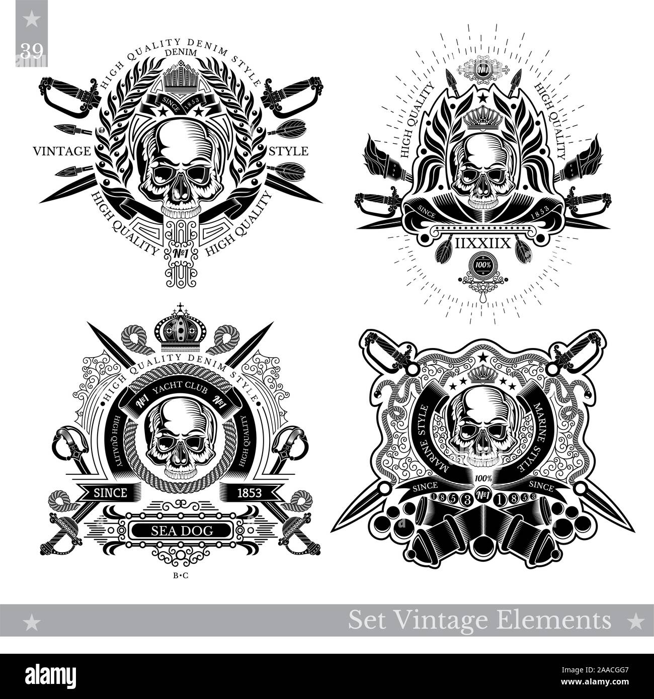 Skull front view with vintage weapon, wreath, line pattern. Set of vintage and nautical banners on white Stock Vector
