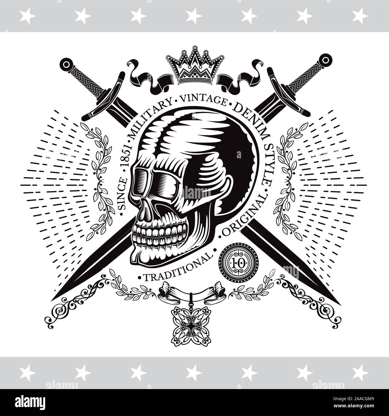 Skull with cross swords with ray and crown. Military heraldic habel on whited Stock Vector