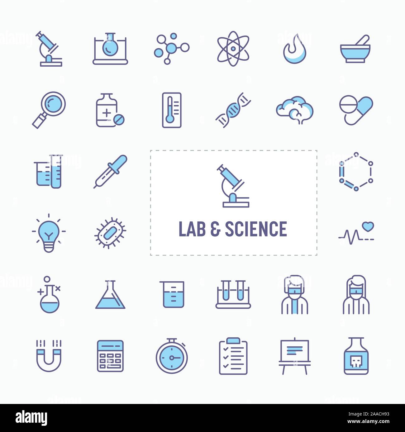 Science research, Laboratory experiments and equipments - thin line website, application & presentation icon. simple and minimal vector icon and illus Stock Vector