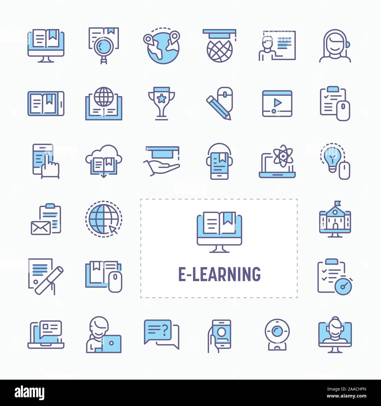 Electronic media learning & online training - thin line website, application & presentation icon. simple and minimal vector icon and illustration coll Stock Vector