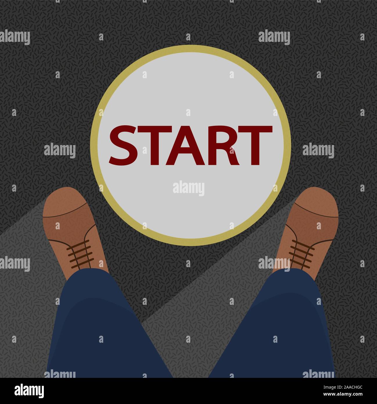 Men's legs in pants and shoes near the circle with the inscription start. Flat design. Stock Vector