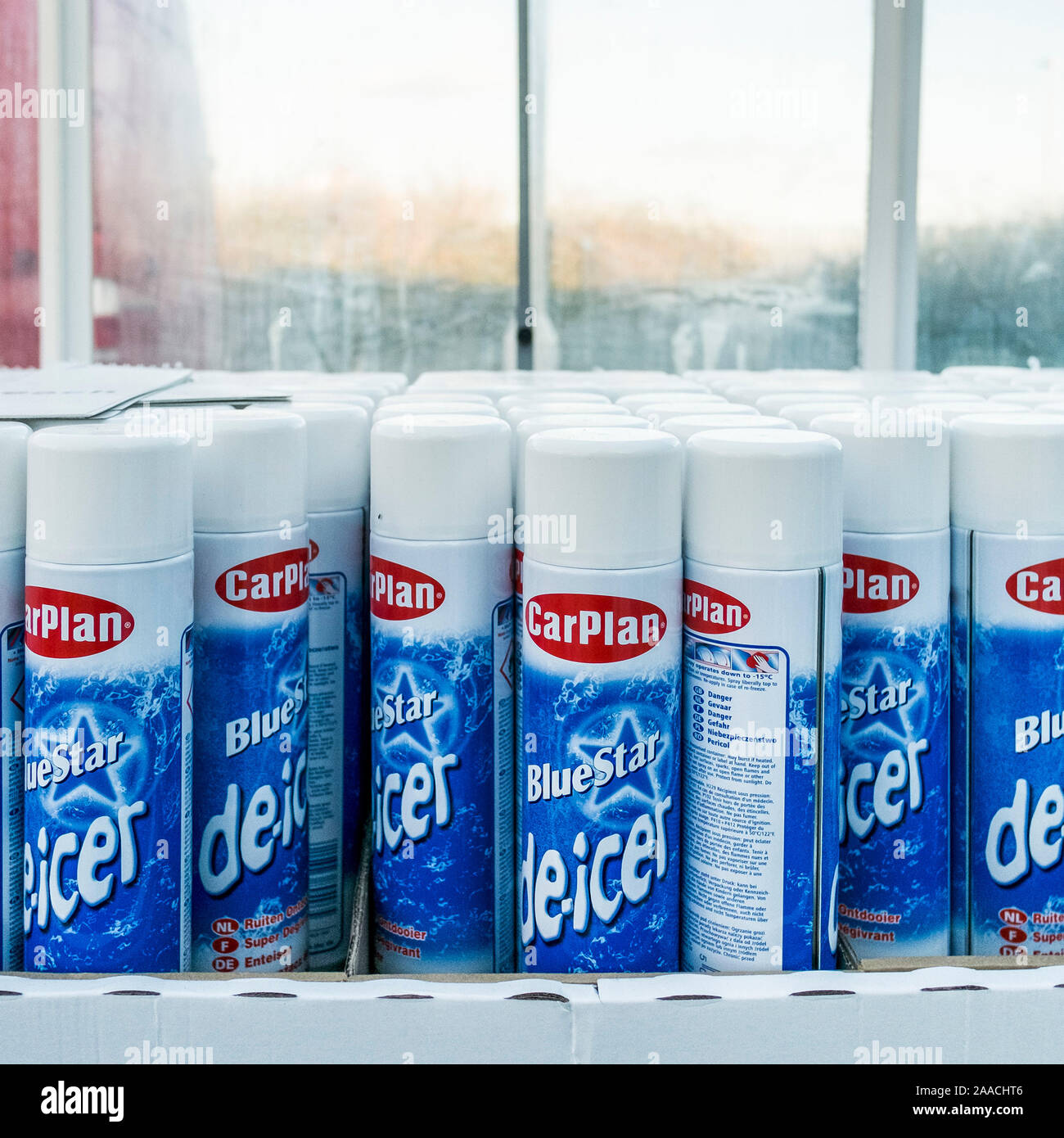 Aerosol cans of Blue Star de-icer on sale and on display. Stock Photo
