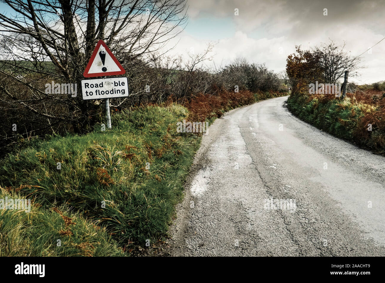 A warning traffic sign on a rural road in Cornwall. Stock Photo