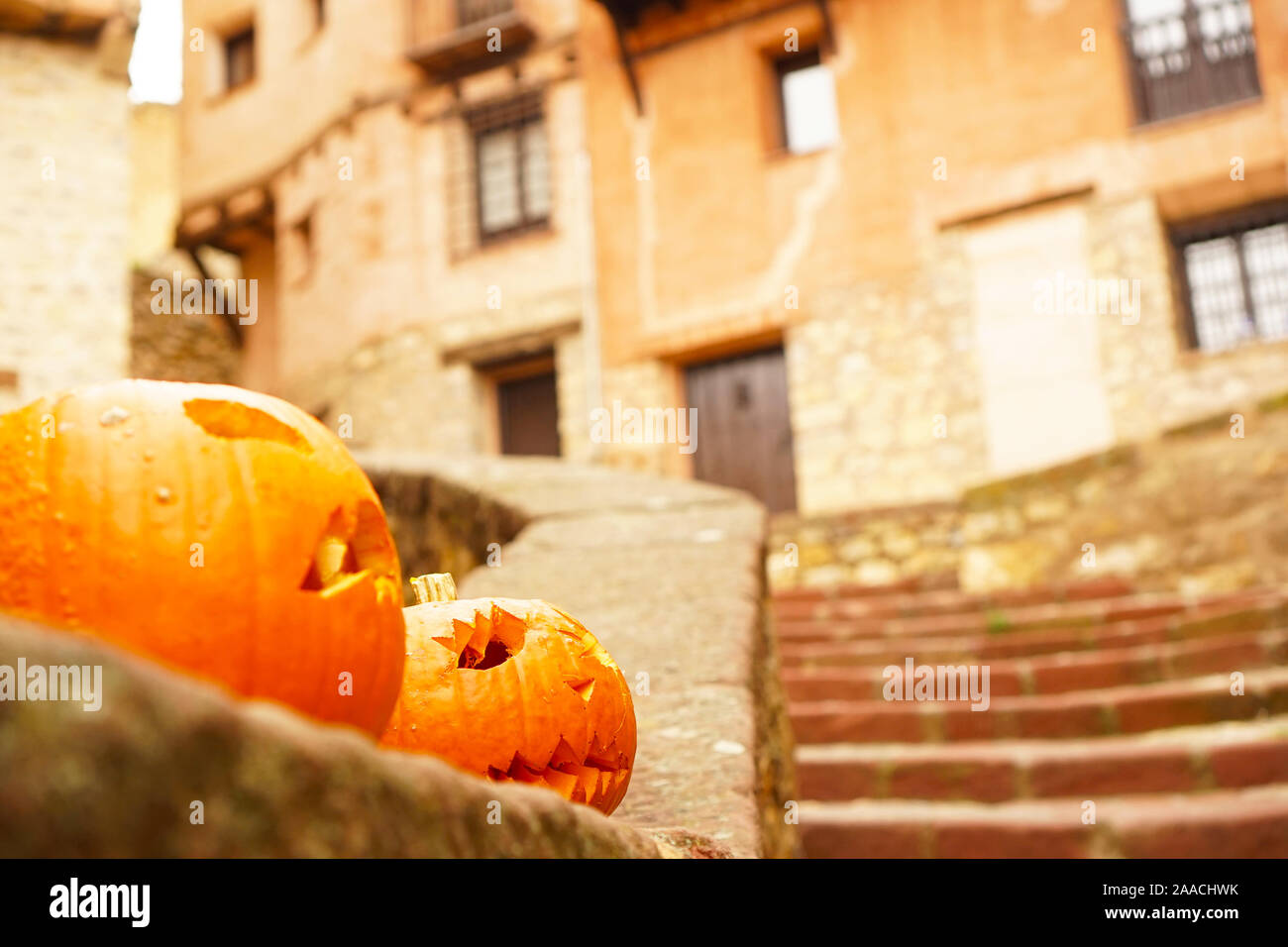 Halloween pumpkins on display in an old Spanish villlage on October 31st Stock Photo