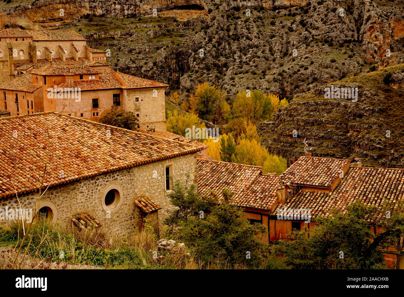 The rooftops of Albarracin, an old medieval town in the hills of Tereul, Northern Spain Stock Photo