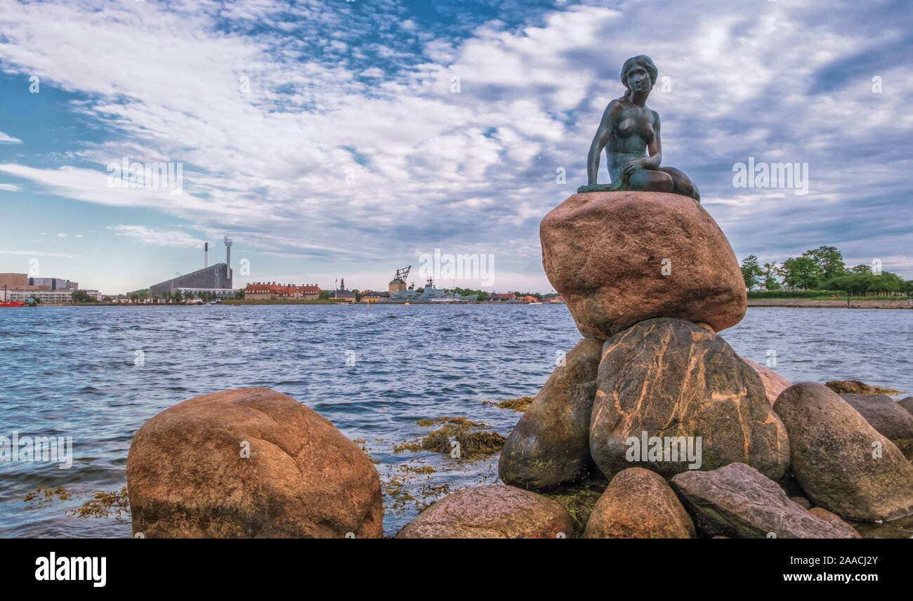 Copenhagen, Denmark, June 14, 2019: Bronze statue of the Little Mermaid ...