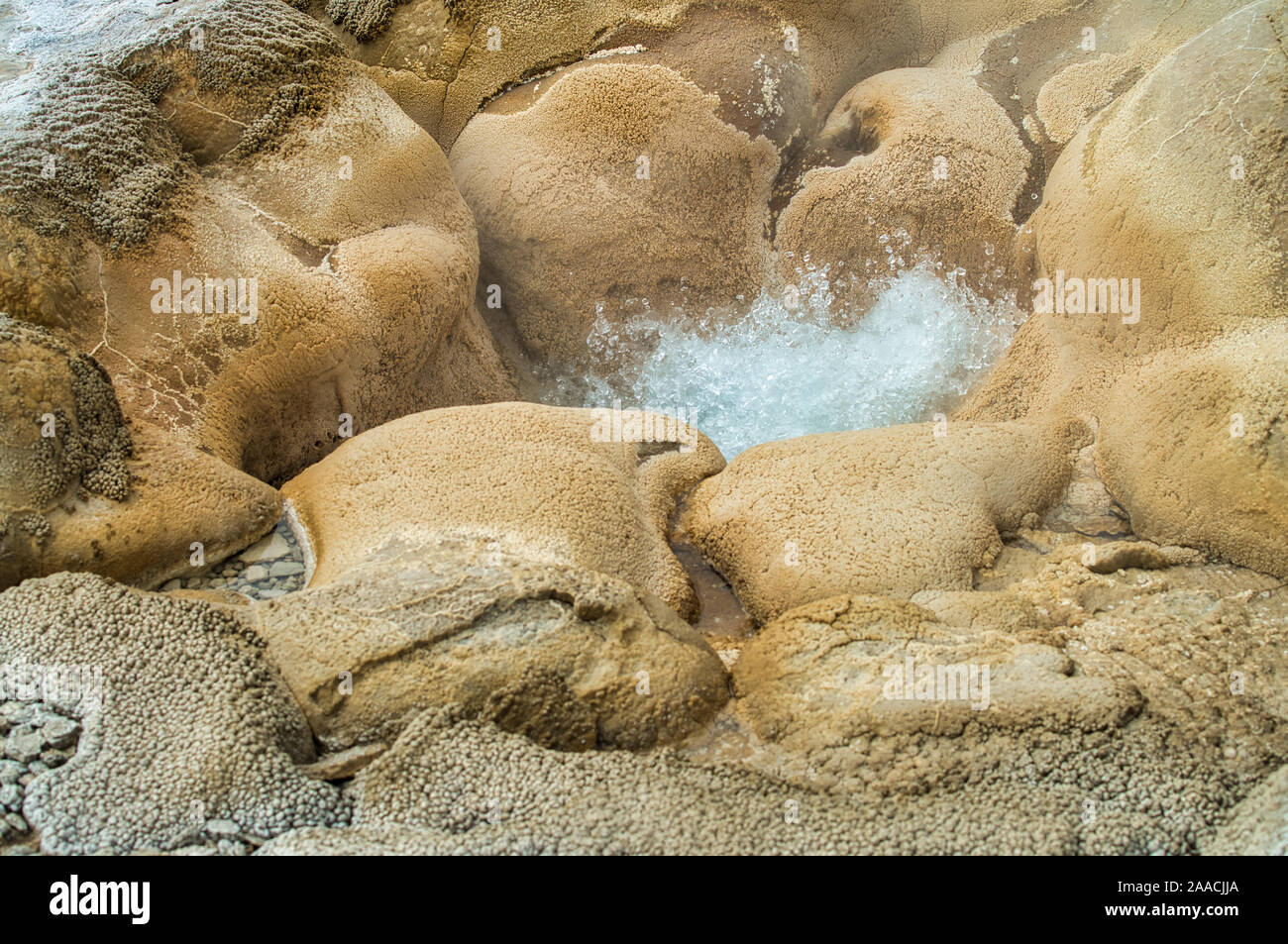Pool of Yellowstone with hot water boiling. Stock Photo