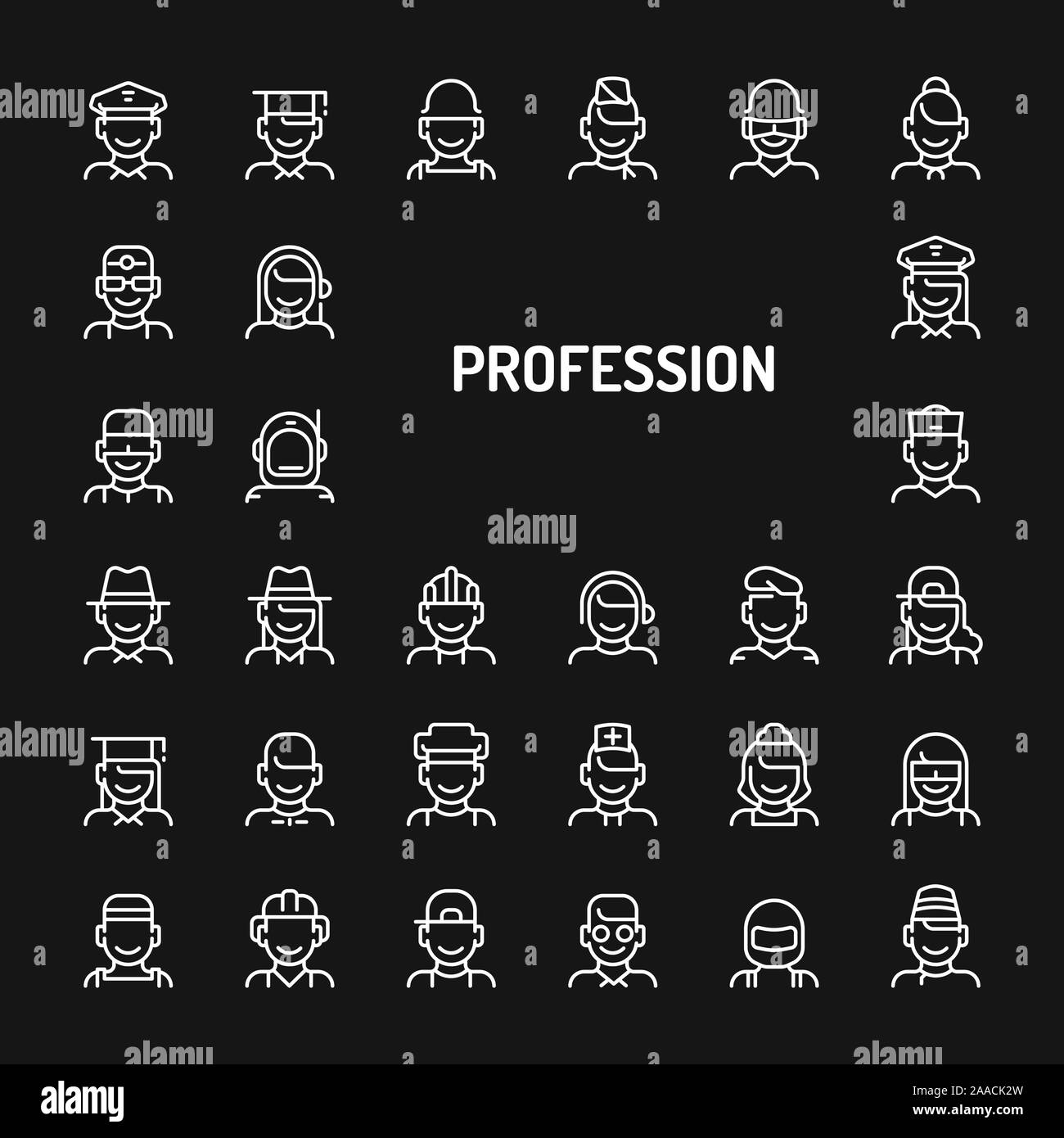 Simple white line icons isolated over black background related to professions, occupations & employments. Vector signs and symbols collections for web Stock Vector