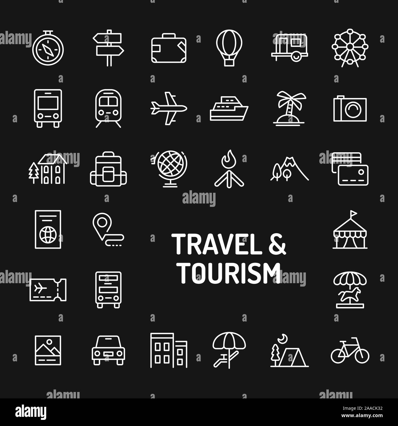 Simple white line icons isolated over black background related to travel, tourism, vacation and recreation. Vector signs and symbols collections for w Stock Vector