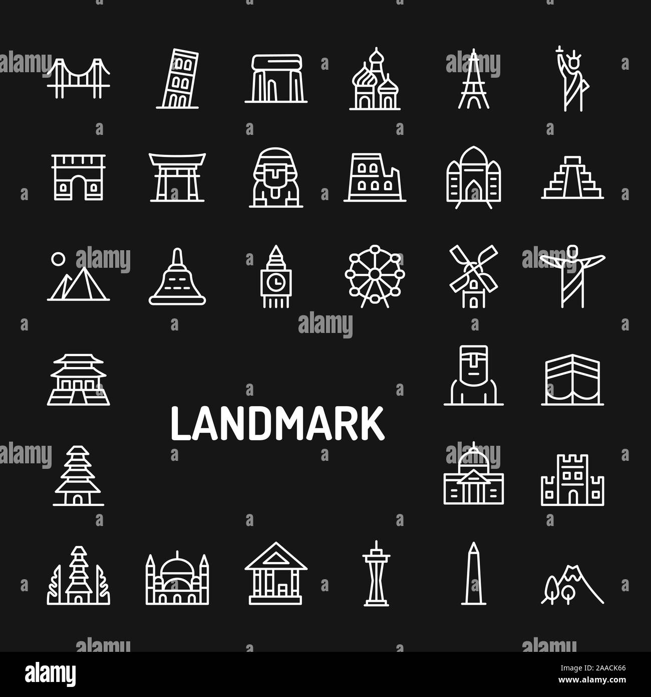 Simple white line icons isolated over black background related to world's famous landmark and buildings. Vector signs and symbols collections for webs Stock Vector