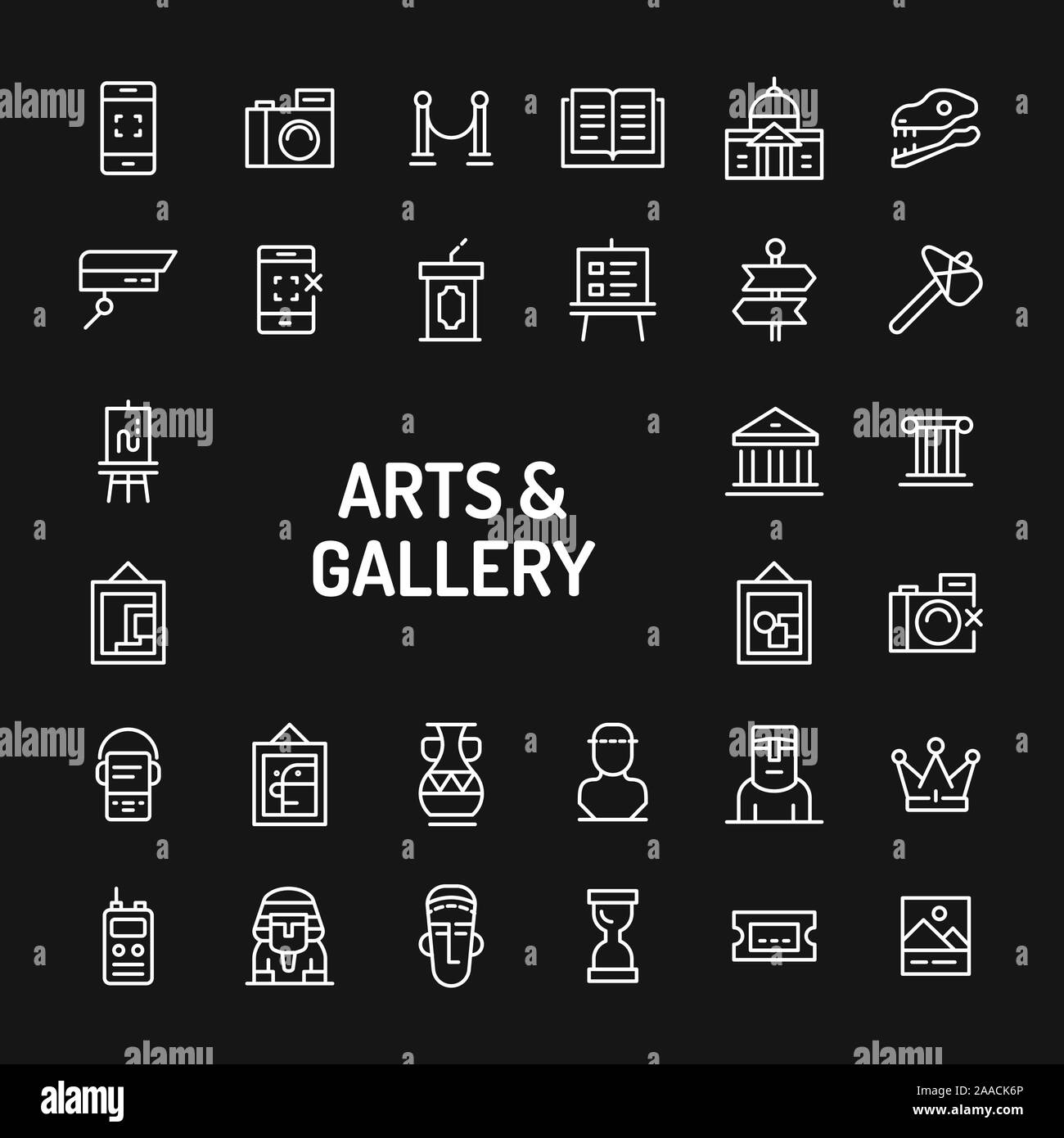 Simple white line icons isolated over black background related to arts gallery and historical museum. Vector signs and symbols collections for website Stock Vector