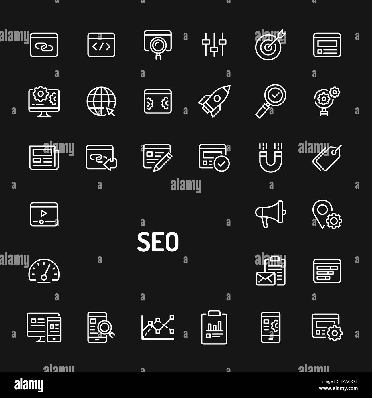 Simple white line icons isolated over black background related to Search Engine Optimisation (SEO). Vector signs and symbols collections for website a Stock Vector