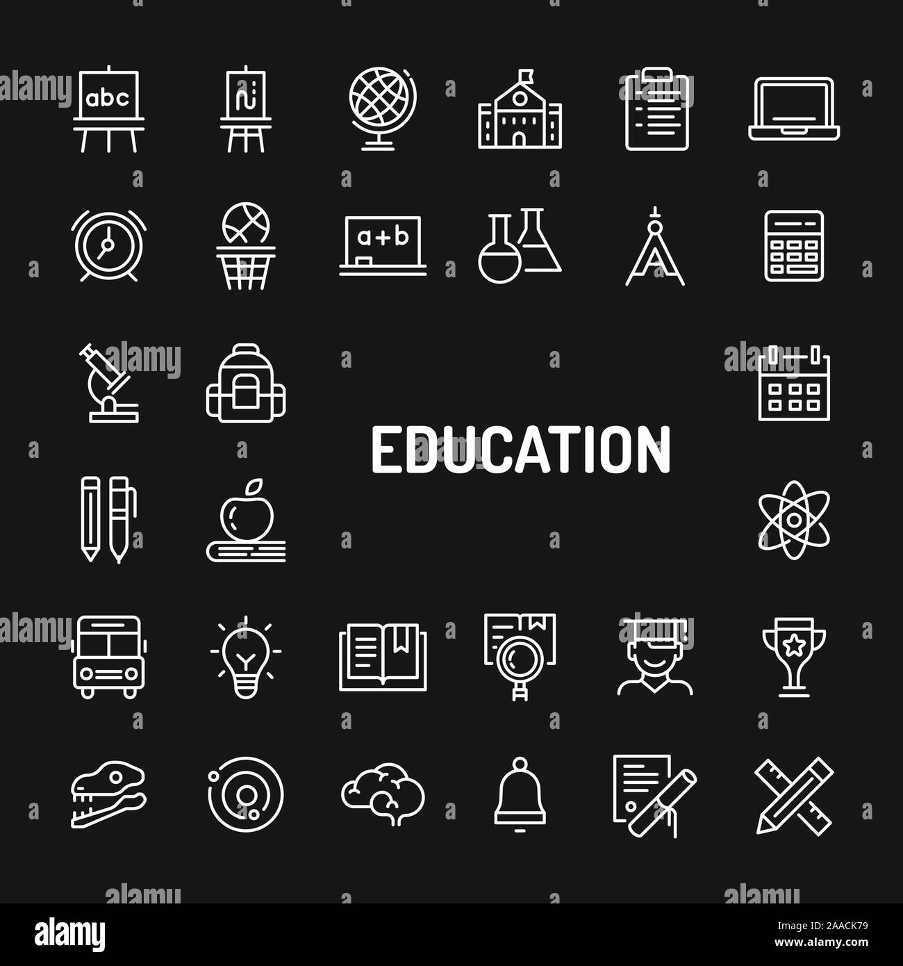 Simple white line icons isolated over black background related to stationery, education and school activities. Vector signs and symbols collections fo Stock Vector