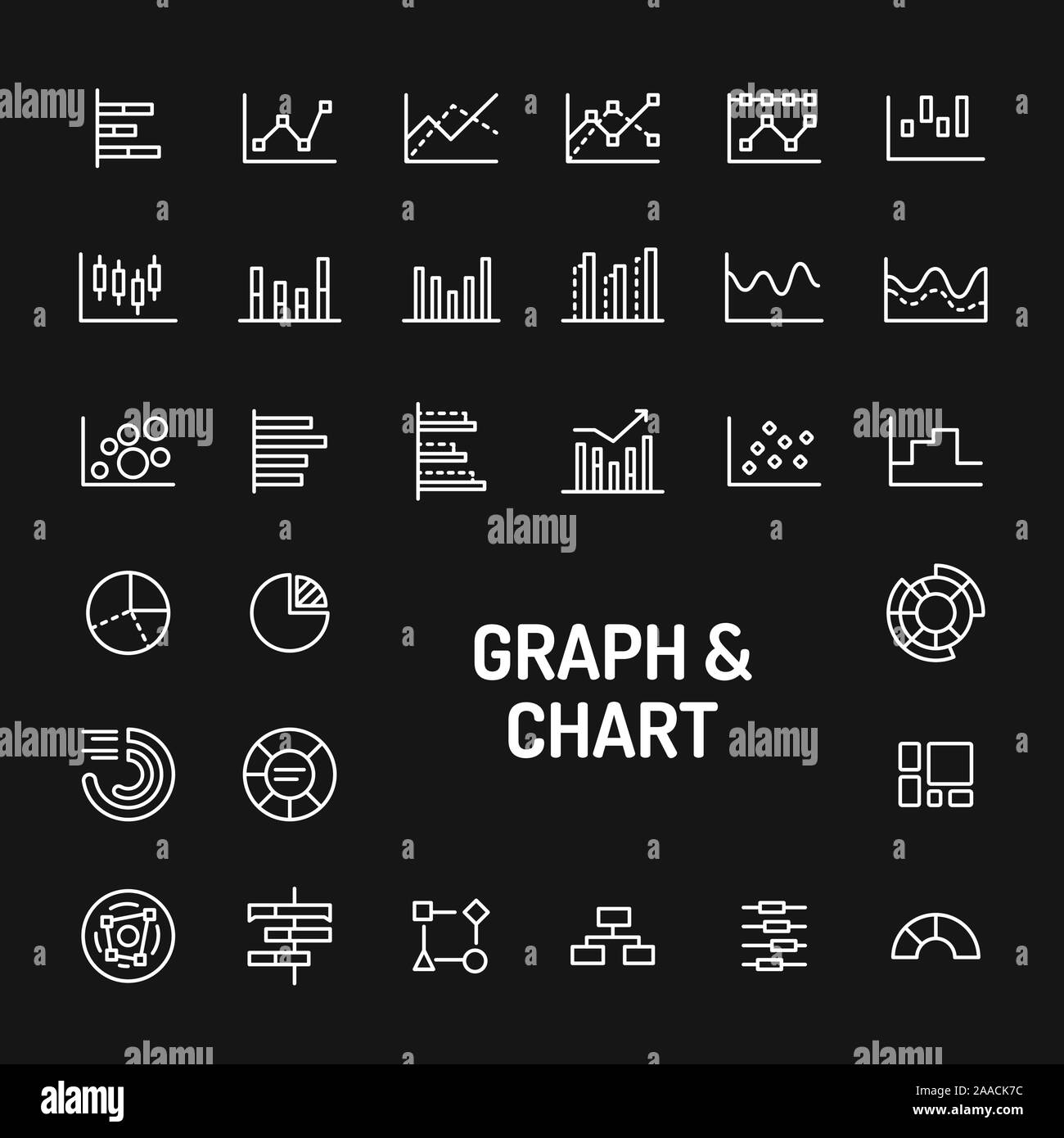 Simple white line icons isolated over black background related to graphs, diagrams and charts. Vector signs and symbols collections for website and de Stock Vector