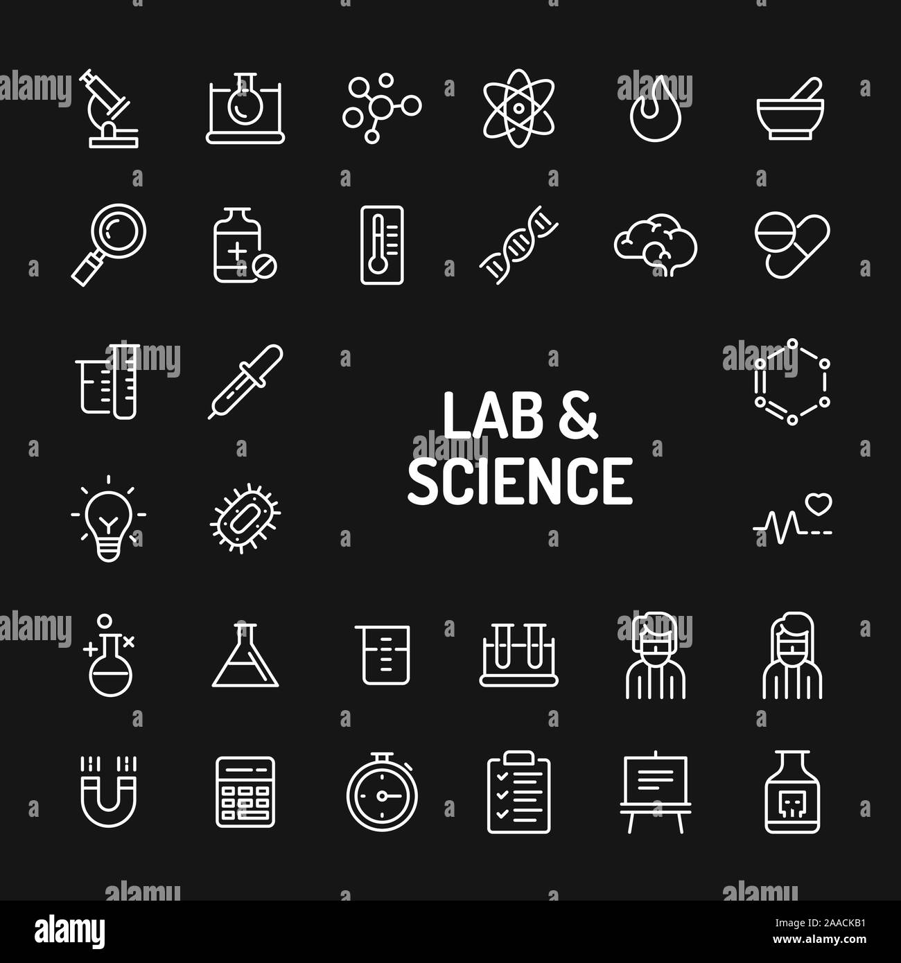 Simple white line icons isolated over black background related to science research, Laboratory experiments and equipments. Vector signs and symbols co Stock Vector