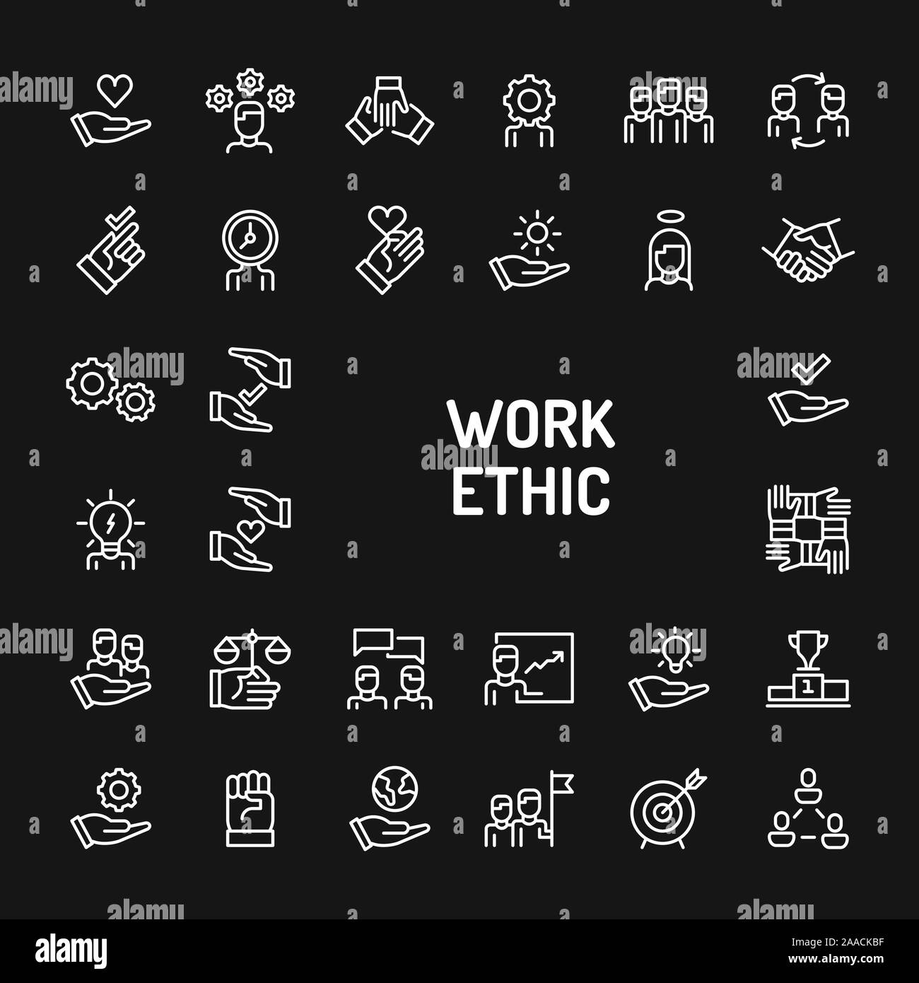 Simple white line icons isolated over black background related to work ethics; Teamwork, morality, proficiency, optimism and empathy. Vector signs and Stock Vector