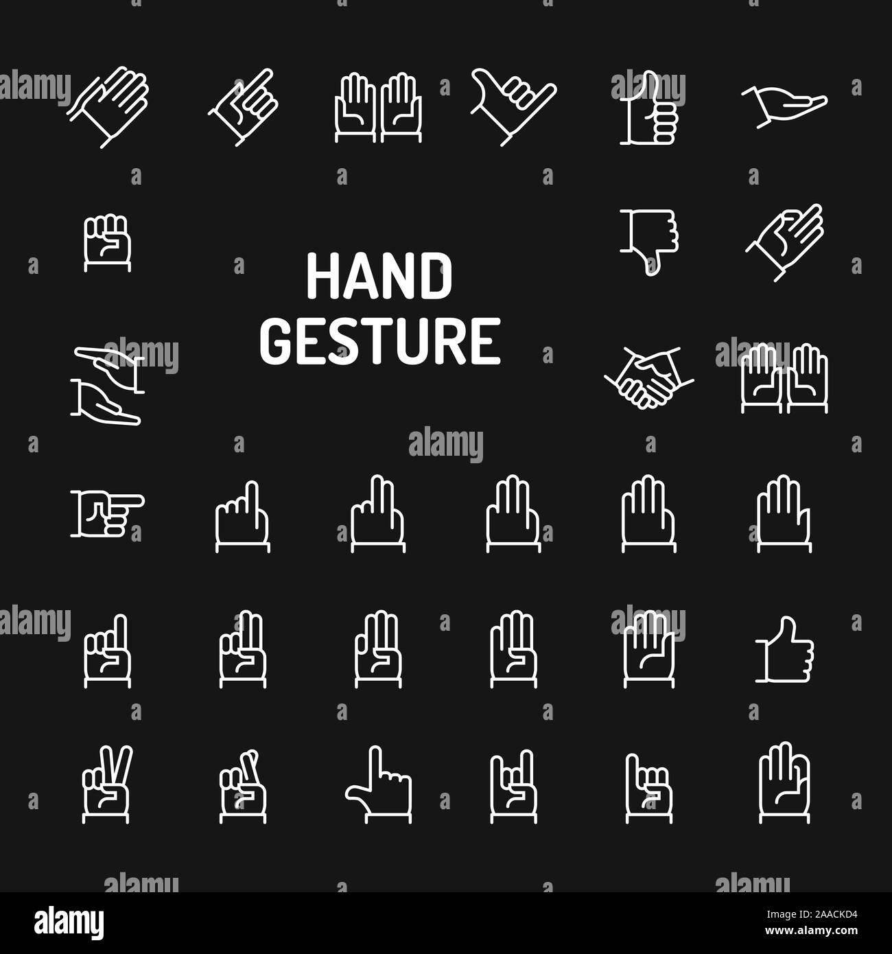 Simple white line icons isolated over black background related to hand gestures and actions. Vector signs and symbols collections for website and desi Stock Vector