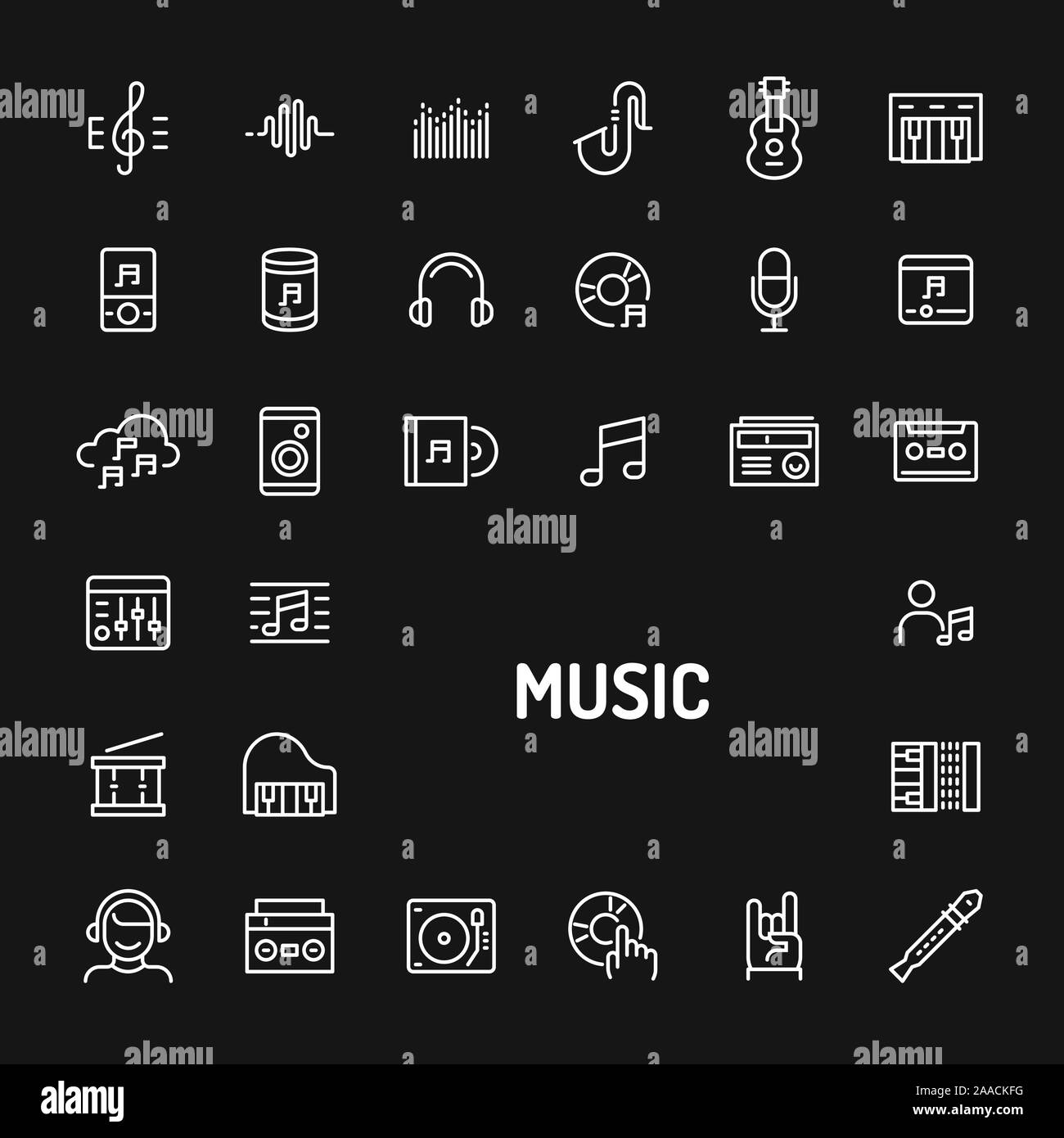 Simple white line icons isolated over black background related to musics and instruments. Vector signs and symbols collections for website and design Stock Vector
