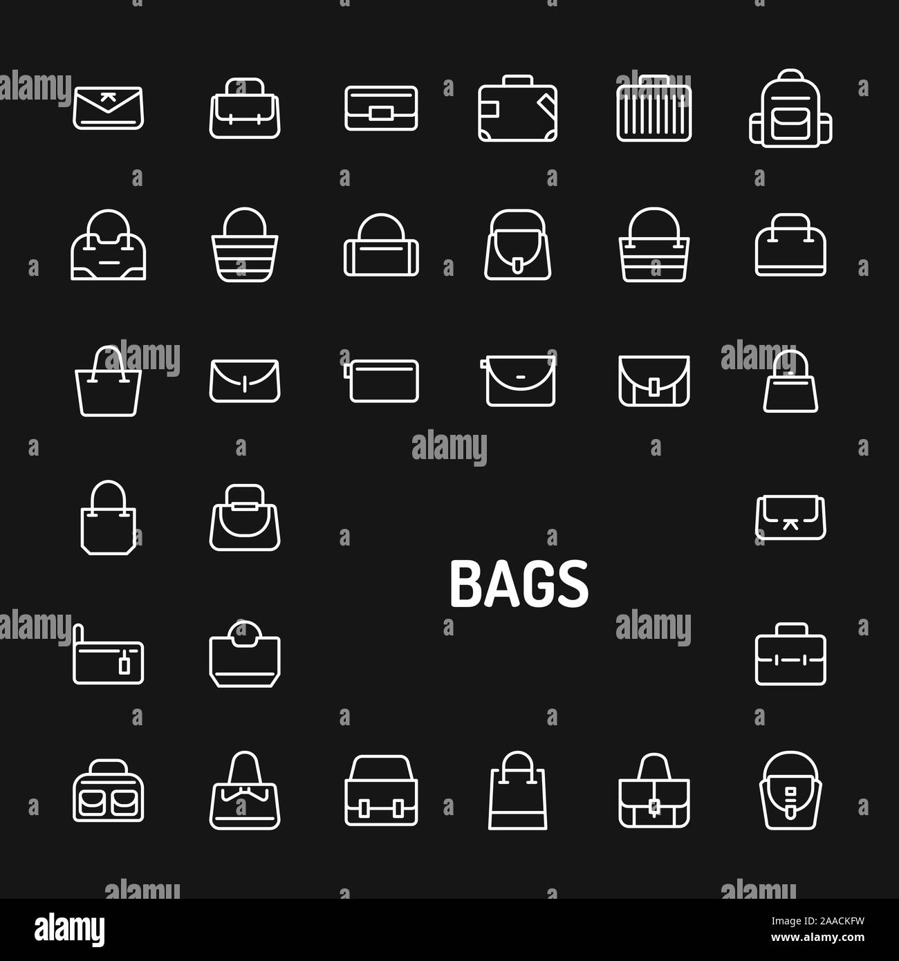 Simple white line icons isolated over black background related to bags, pouches and suitcase for fashion. Vector signs and symbols collections for web Stock Vector