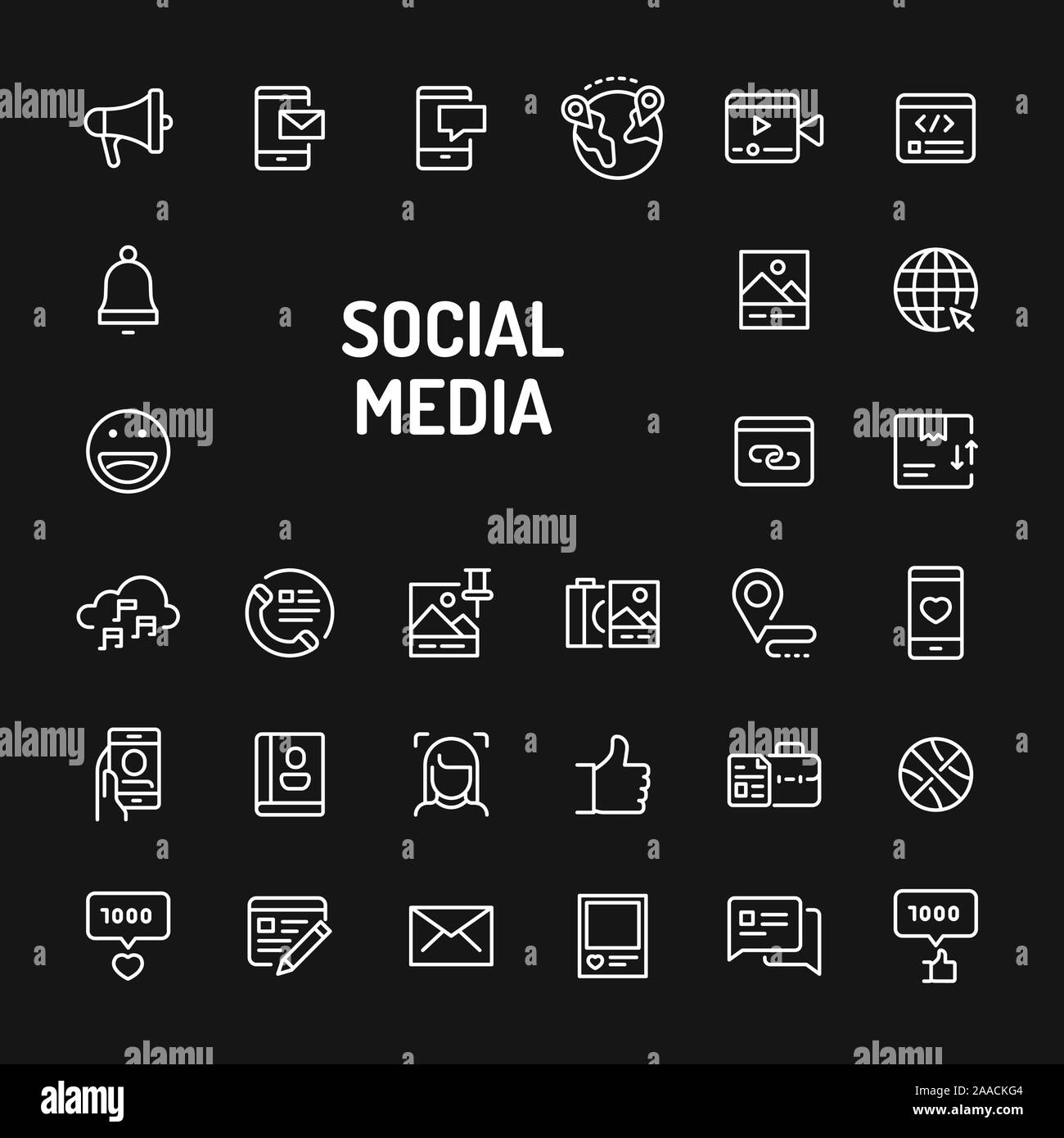Simple white line icons isolated over black background related to social media, interaction, sharing & exchange. Vector signs and symbols collections Stock Vector