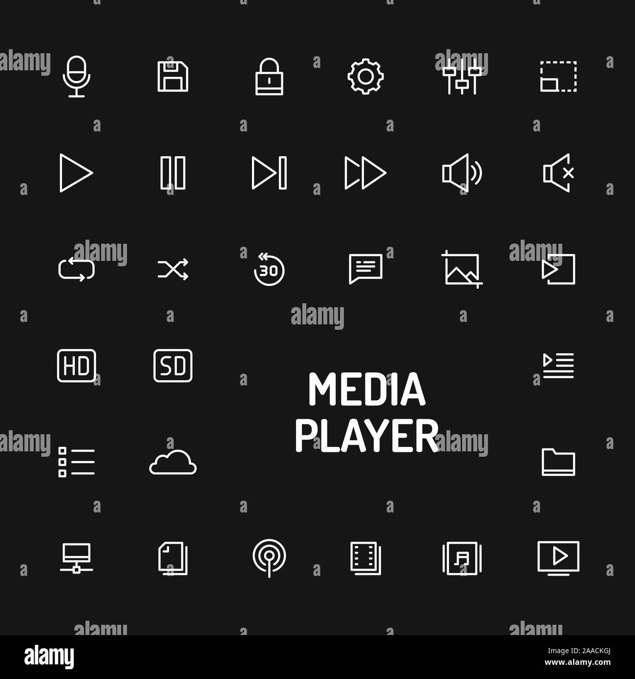 Simple white line button isolated over black background for media player app. Vector signs and symbols collections for website and design app template Stock Vector