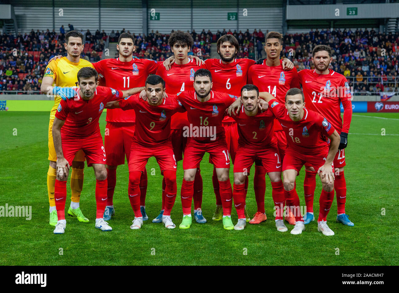 Trnava, Slovakia. 19th November, 2019. Starting eleven of Azerbaijan national team before the Euro 2020 qualifier between Slovakia and Azerbaijan. Stock Photo