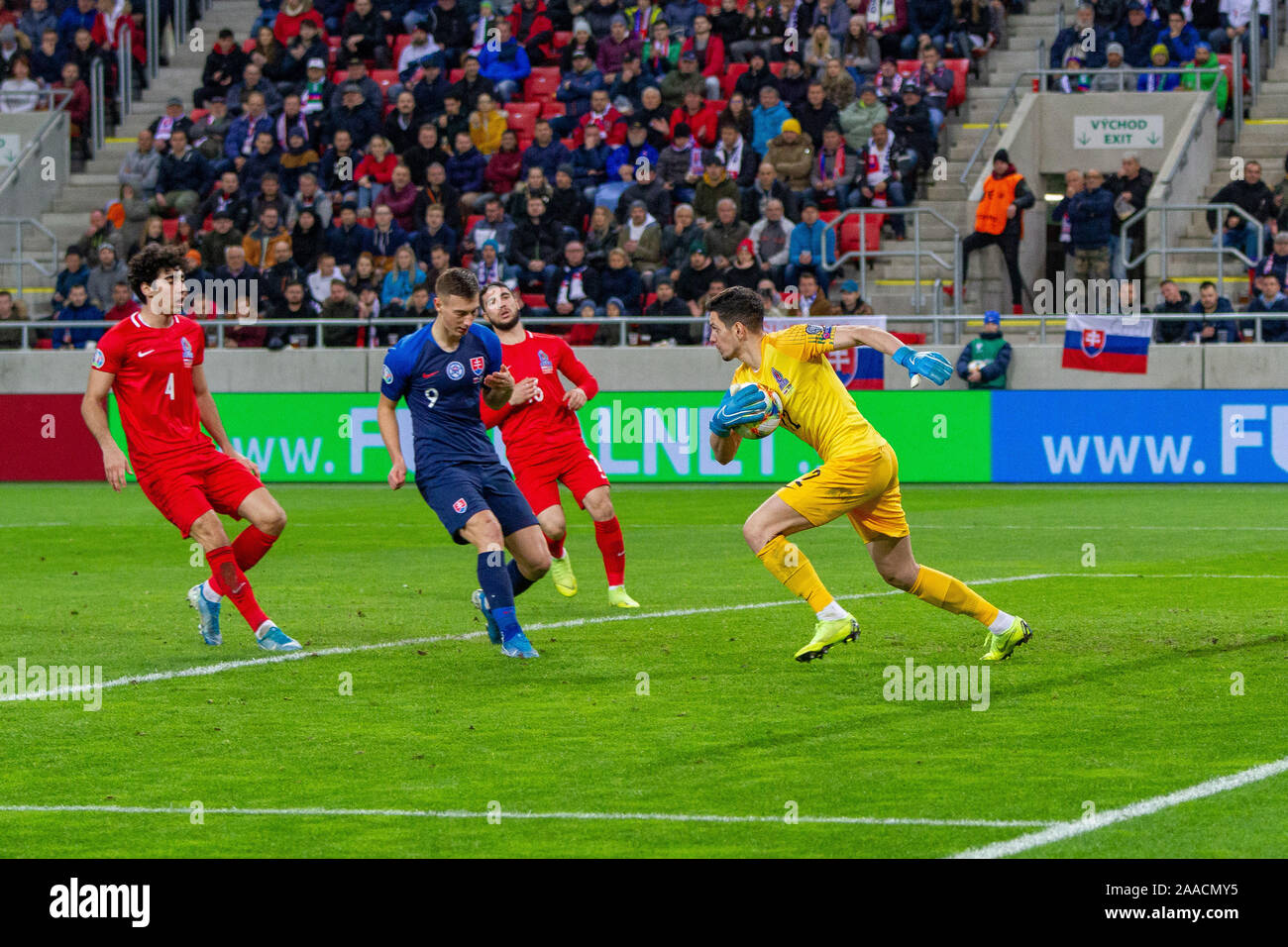 Trnava, Slovakia. 19th November, 2019. The goalkeeper Emil Balayev in action during the Euro 2020 qualifier between Slovakia and Azerbaijan. Stock Photo